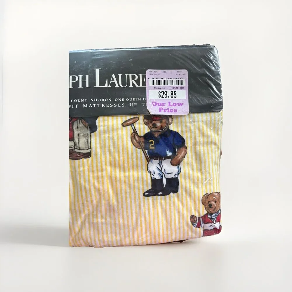Vintage Ralph Lauren Polo Bear Queen Fitted Sheet Yellow Stripe 90’s Bedding NOS